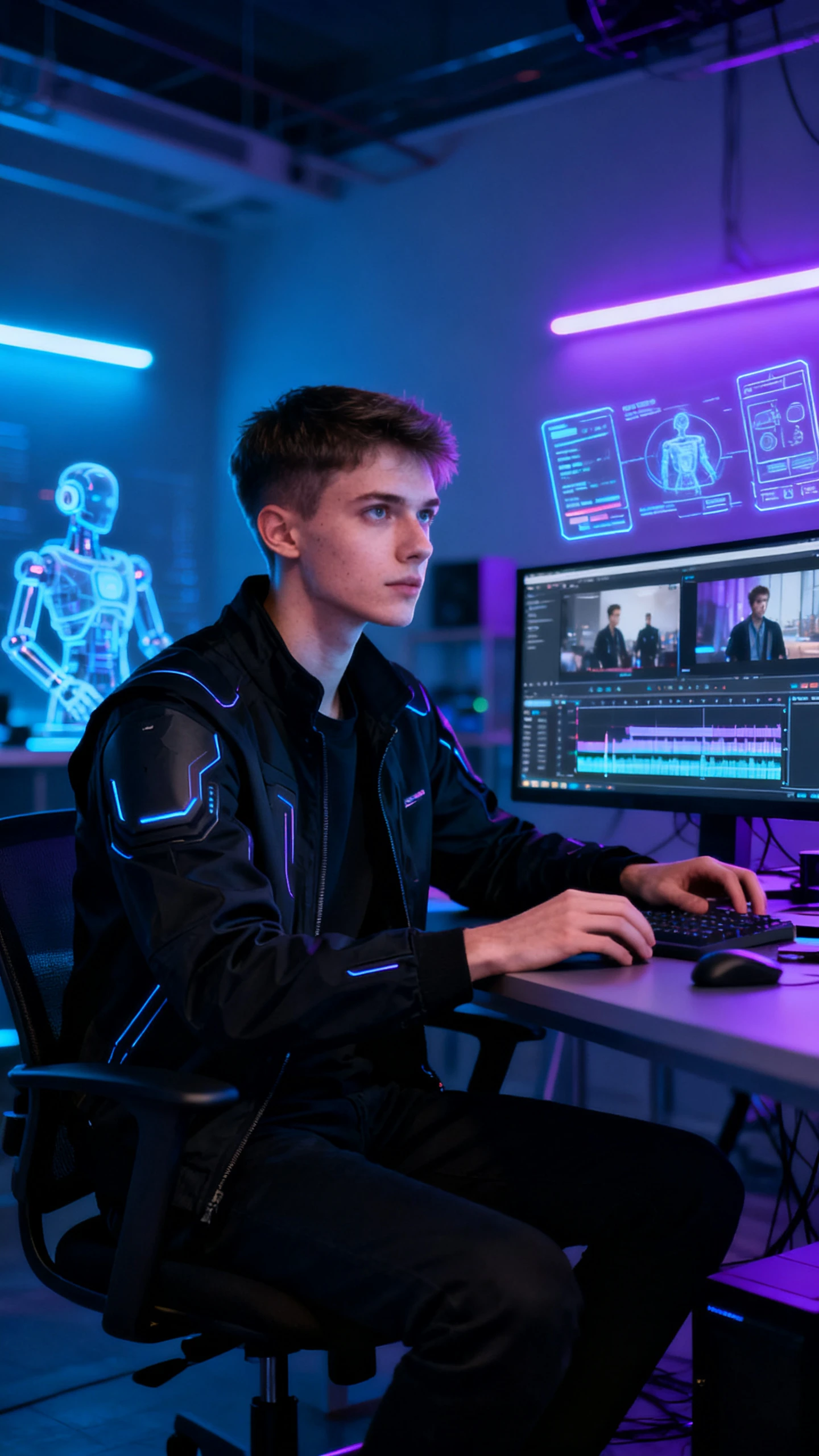 Filmmaker using a futuristic local AI video generator inside a cyberpunk creative studio