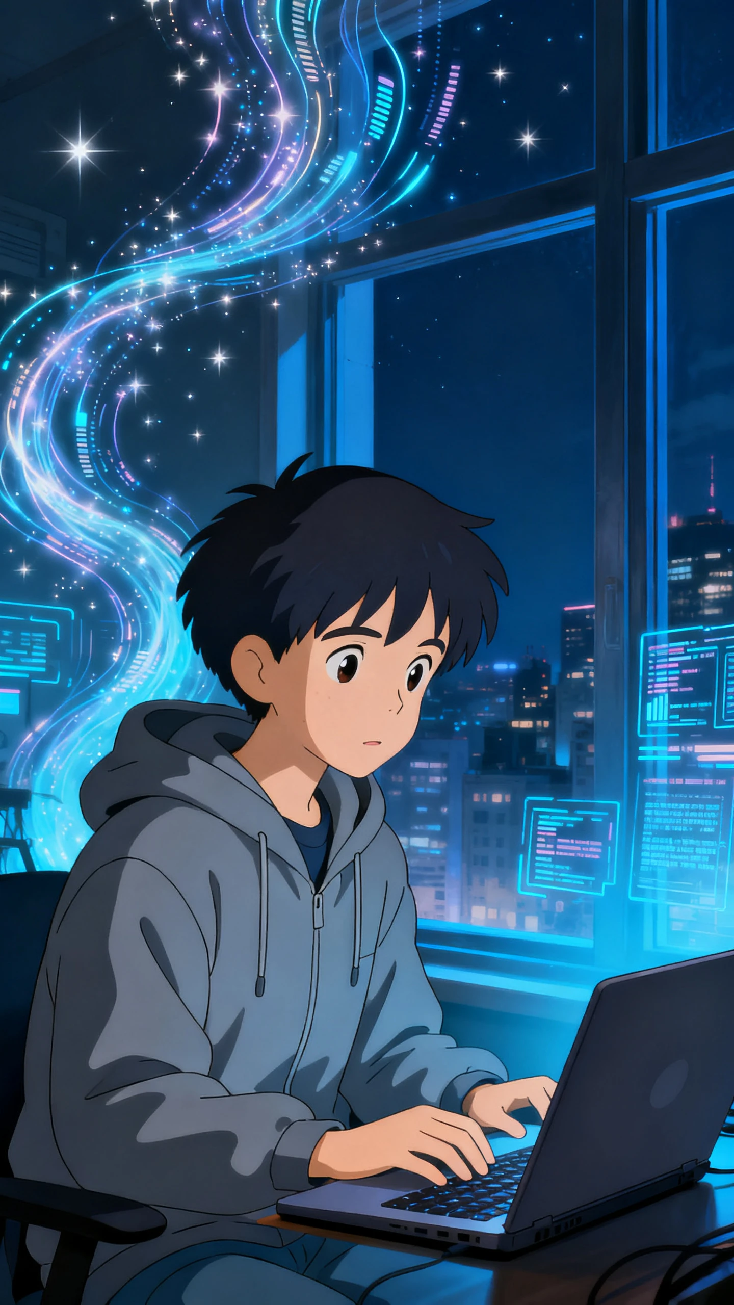 Child watching colorful AI-generated story videos created in the browser
