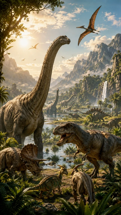 Paesaggio di una valle di dinosauri preistorici