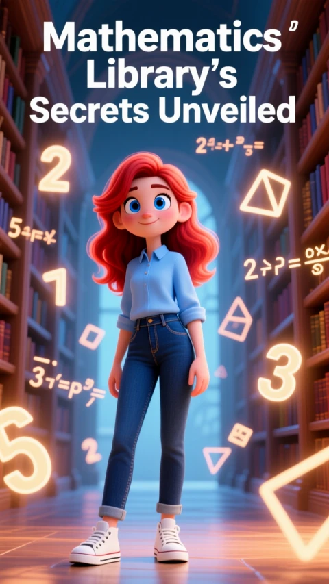 Illustrazione ragazza dai capelli rossi che studia matematica in biblioteca