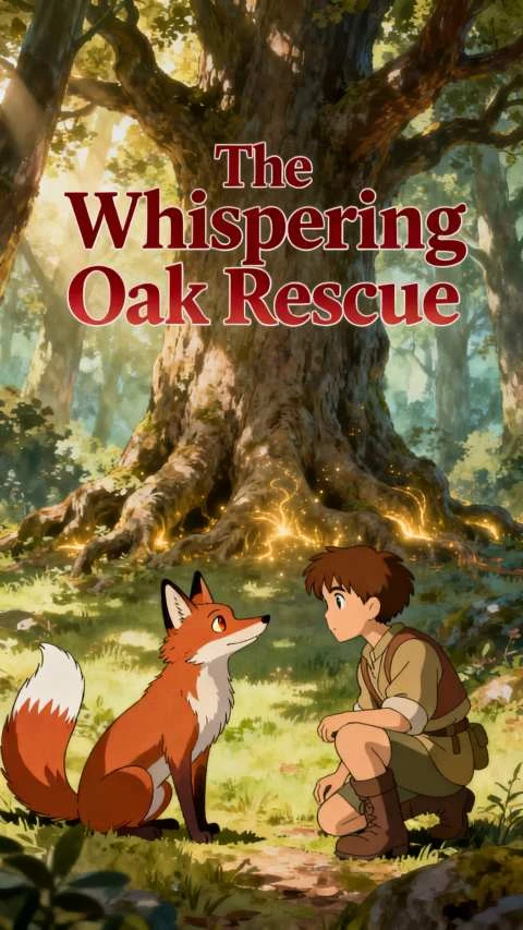 Illustrazione stile Ghibli di un ragazzo con una volpe nel bosco