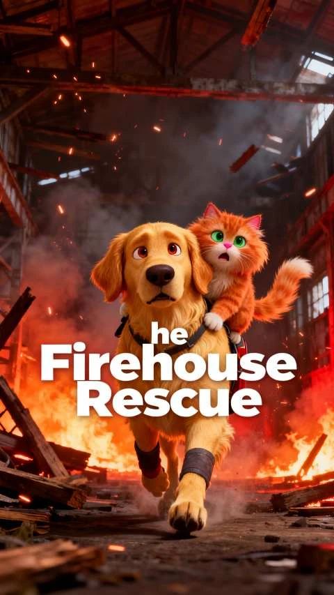 Cartone animato di un cane e un gatto durante un salvataggio da un incendio