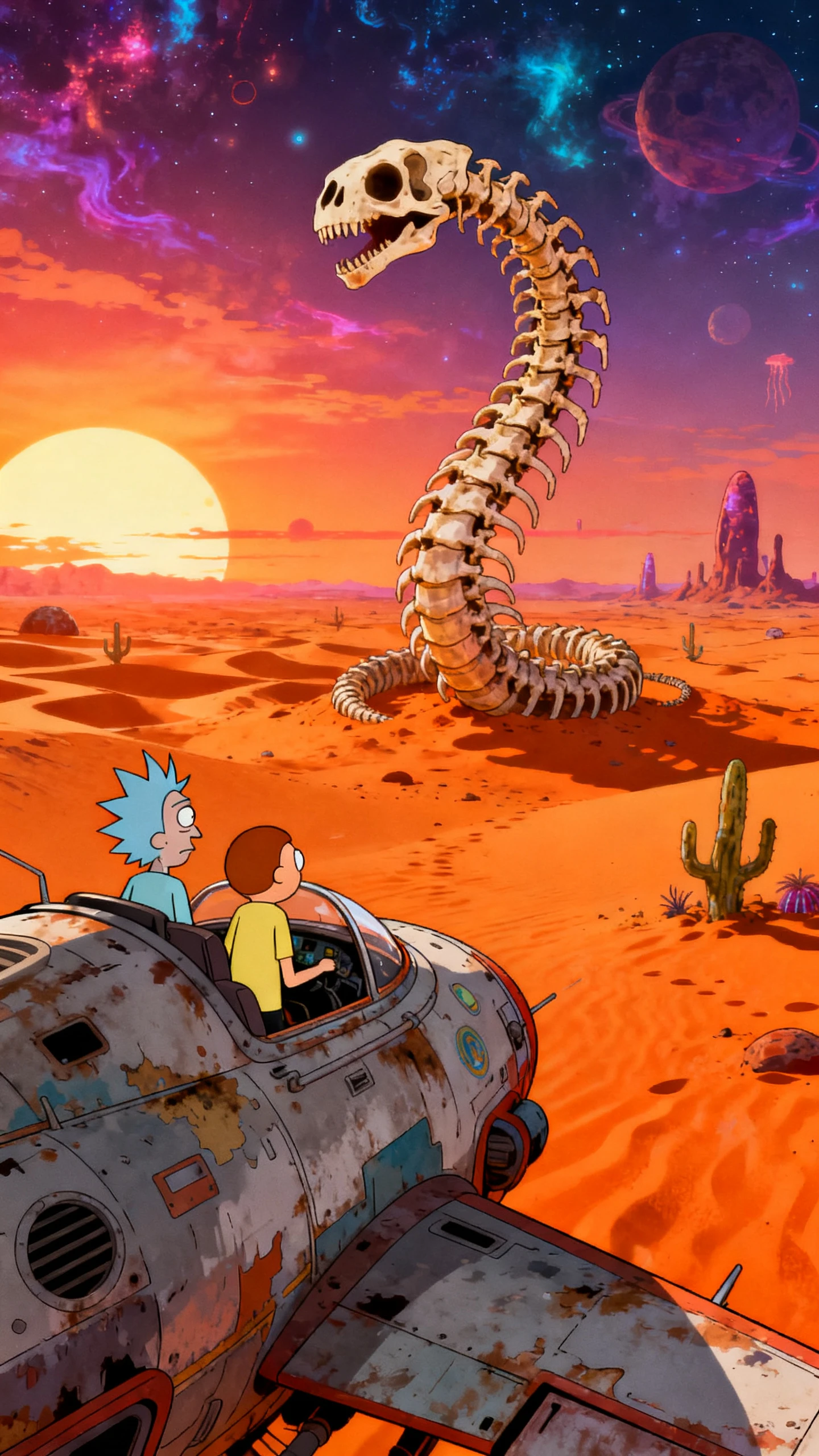 فيديو رسوم متحركة خيال علمي بالذكاء الاصطناعي بأسلوب Rick and Morty مع مغامرة على كوكب فضائي غريب
