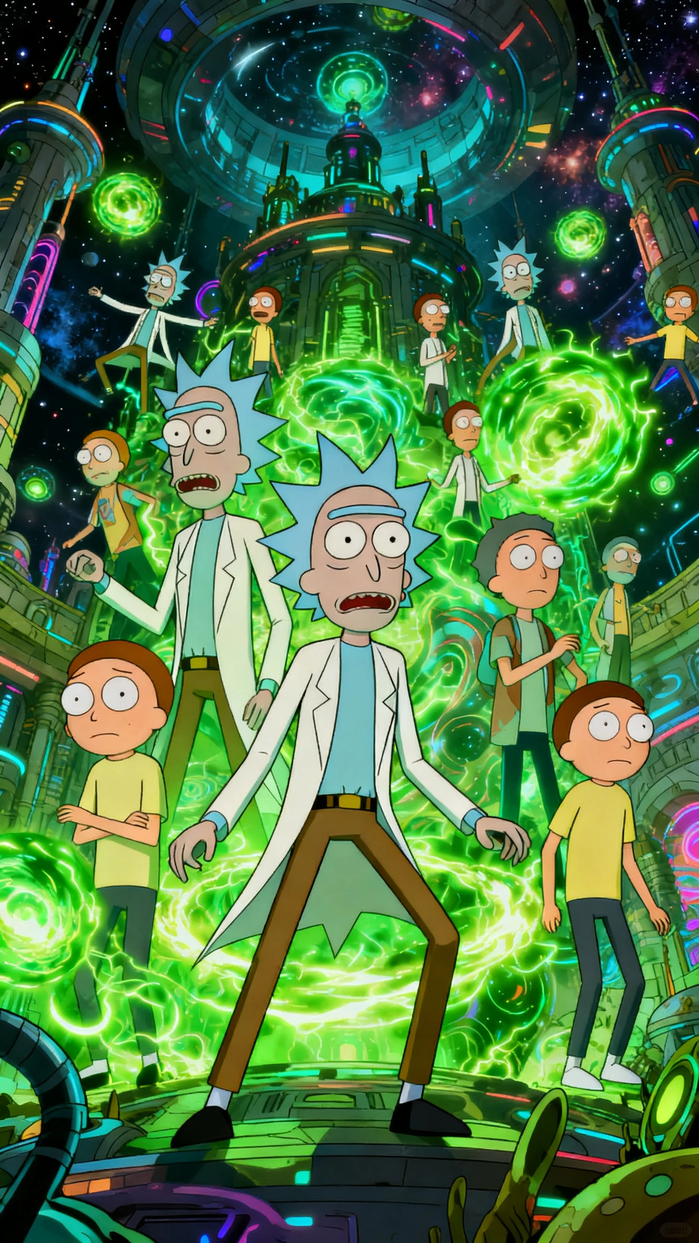 مشهد خيال علمي بأسلوب Rick and Morty مولّد بالذكاء الاصطناعي