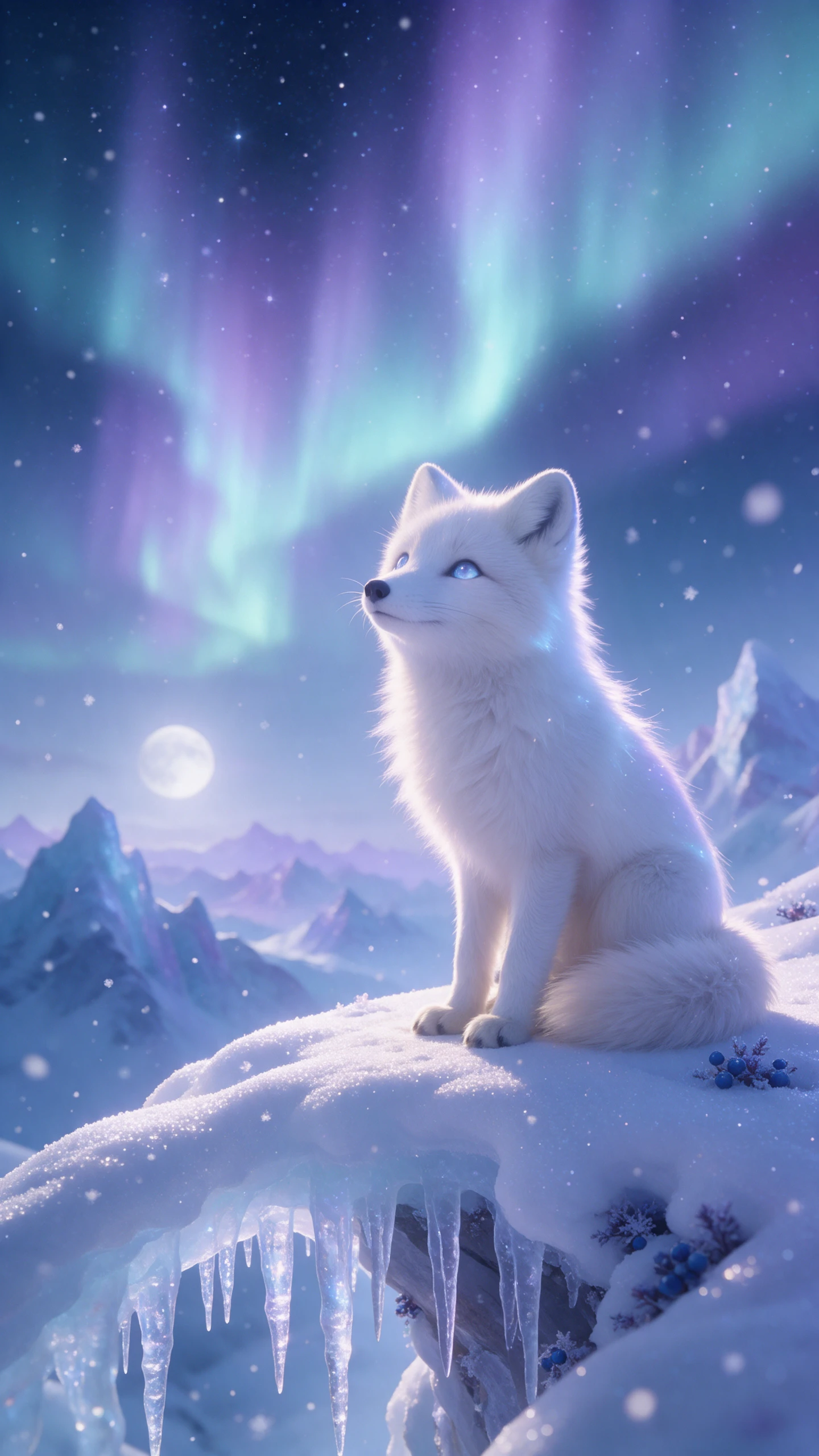 Arctic fox under a glowing aurora