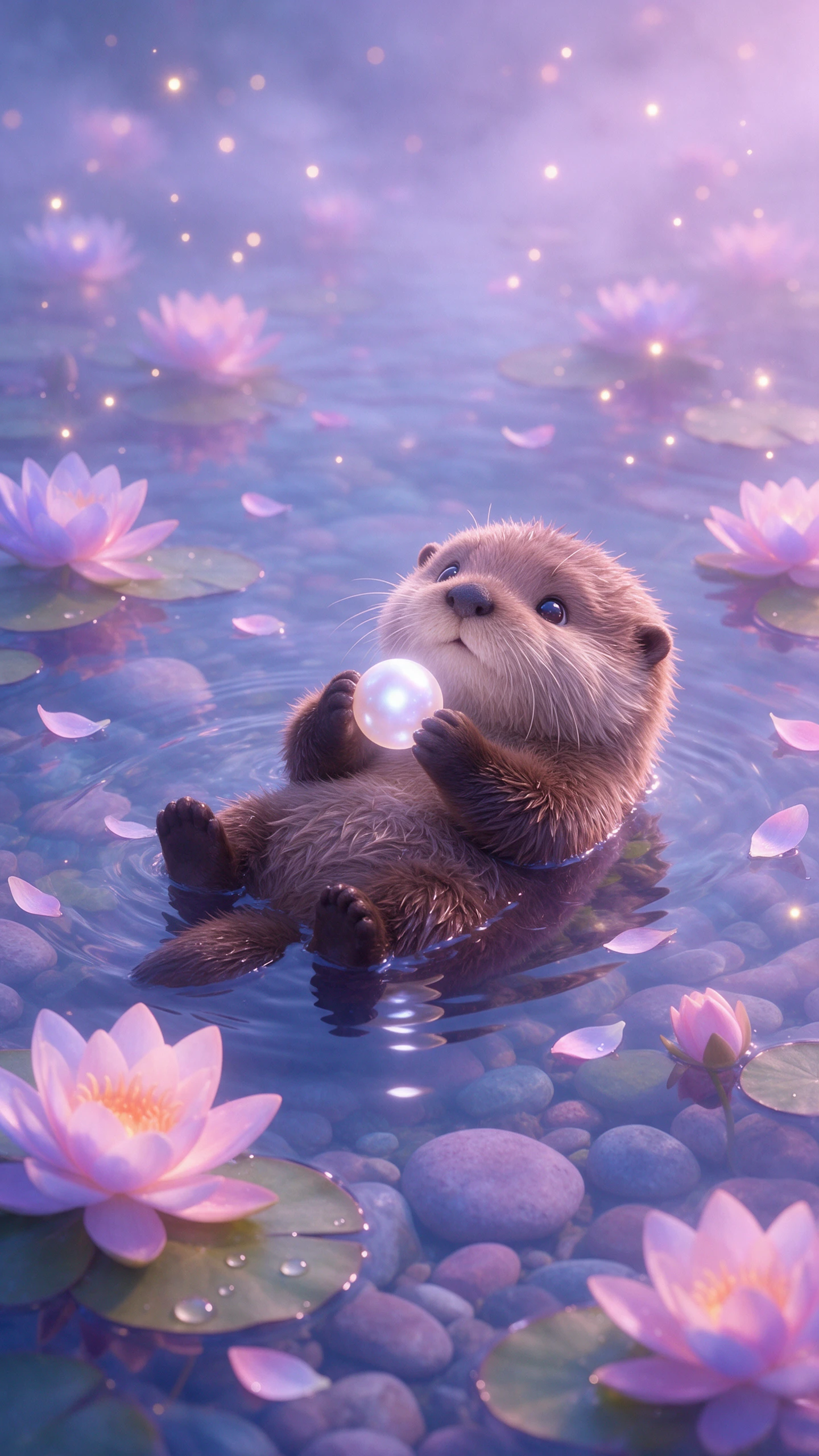 Baby otter holding a glowing pearl