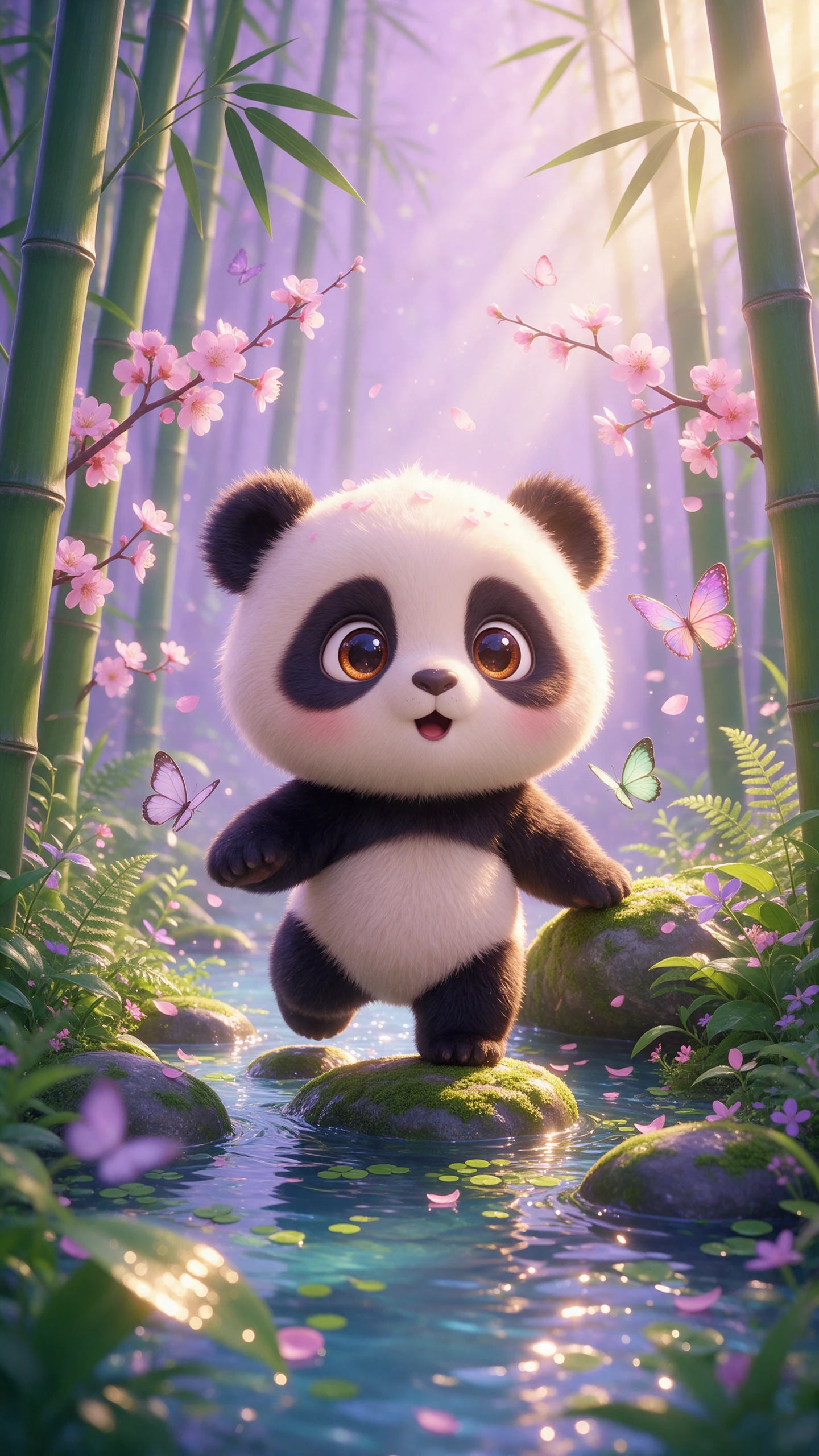 Baby panda in an enchanted bamboo garden
