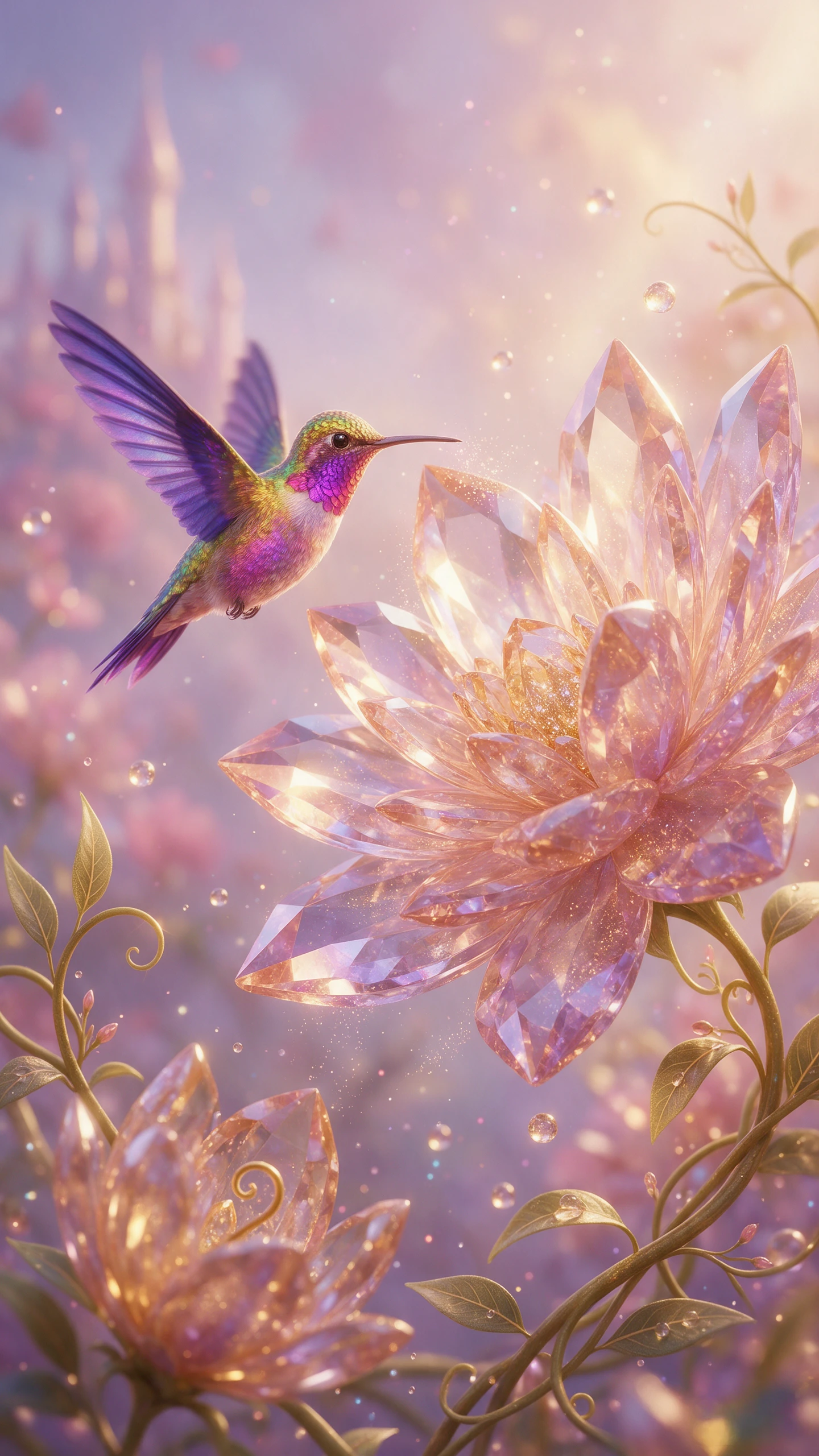 Hummingbird beside crystal flowers