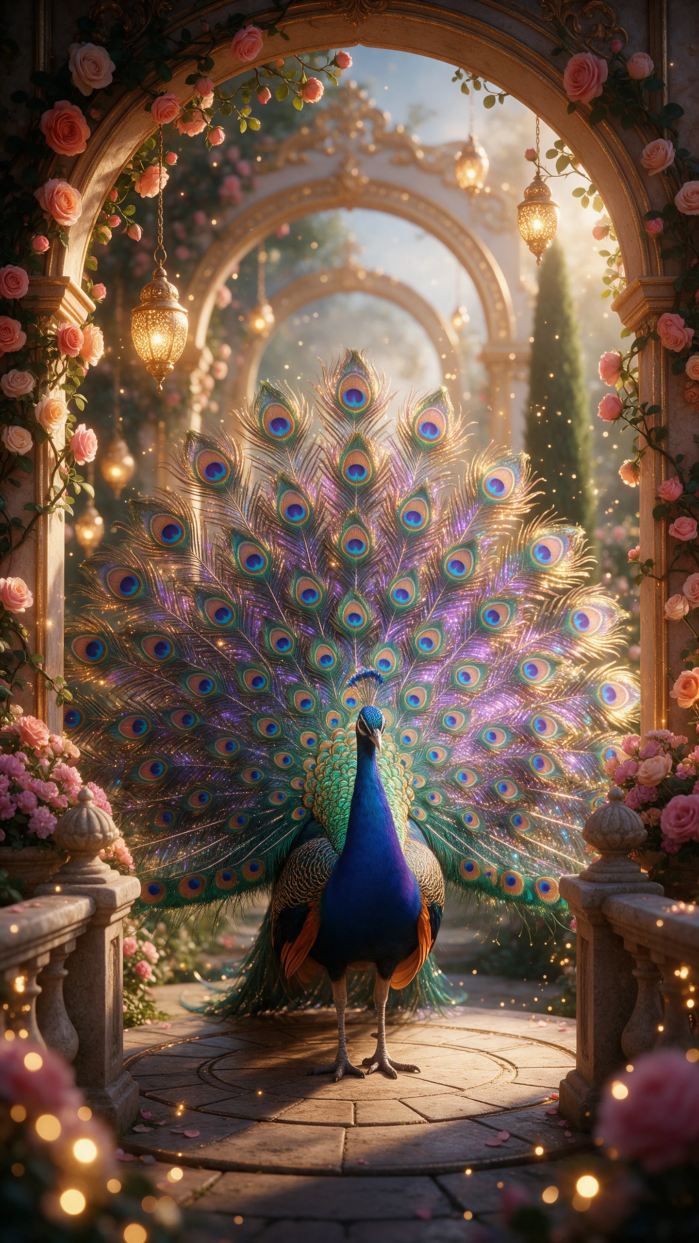 Peacock in a magical palace garden