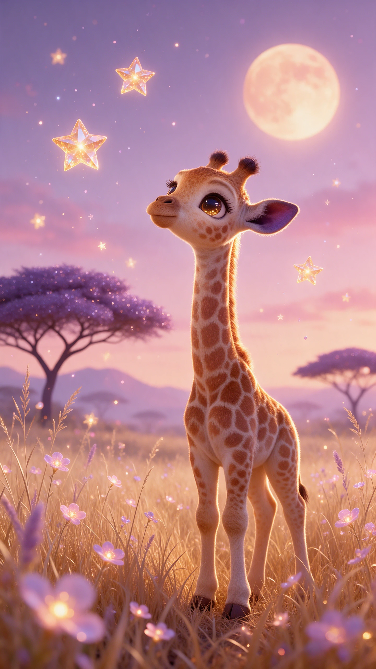 Baby giraffe under a starry sky