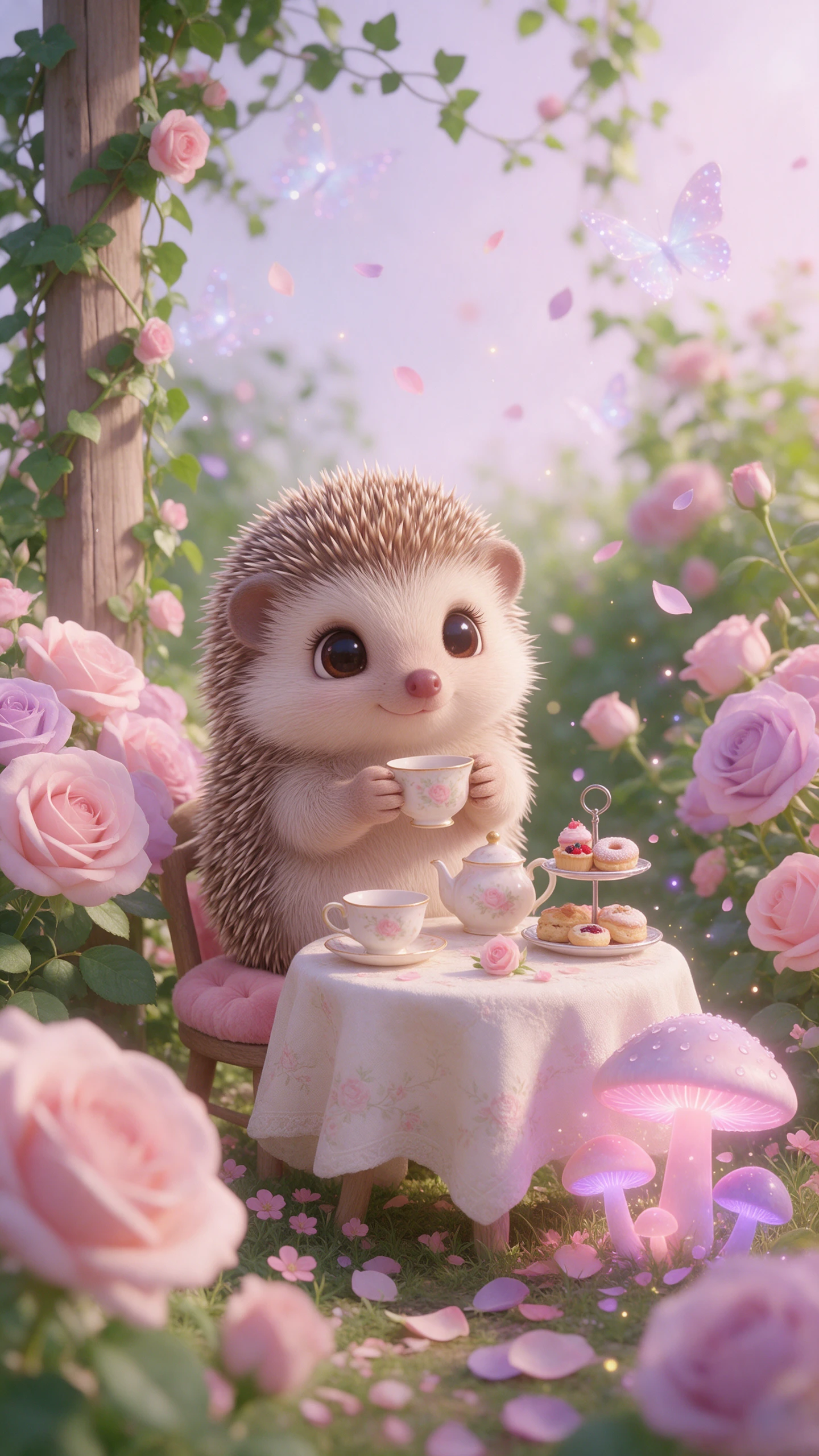 Baby hedgehog at a flower garden tea party