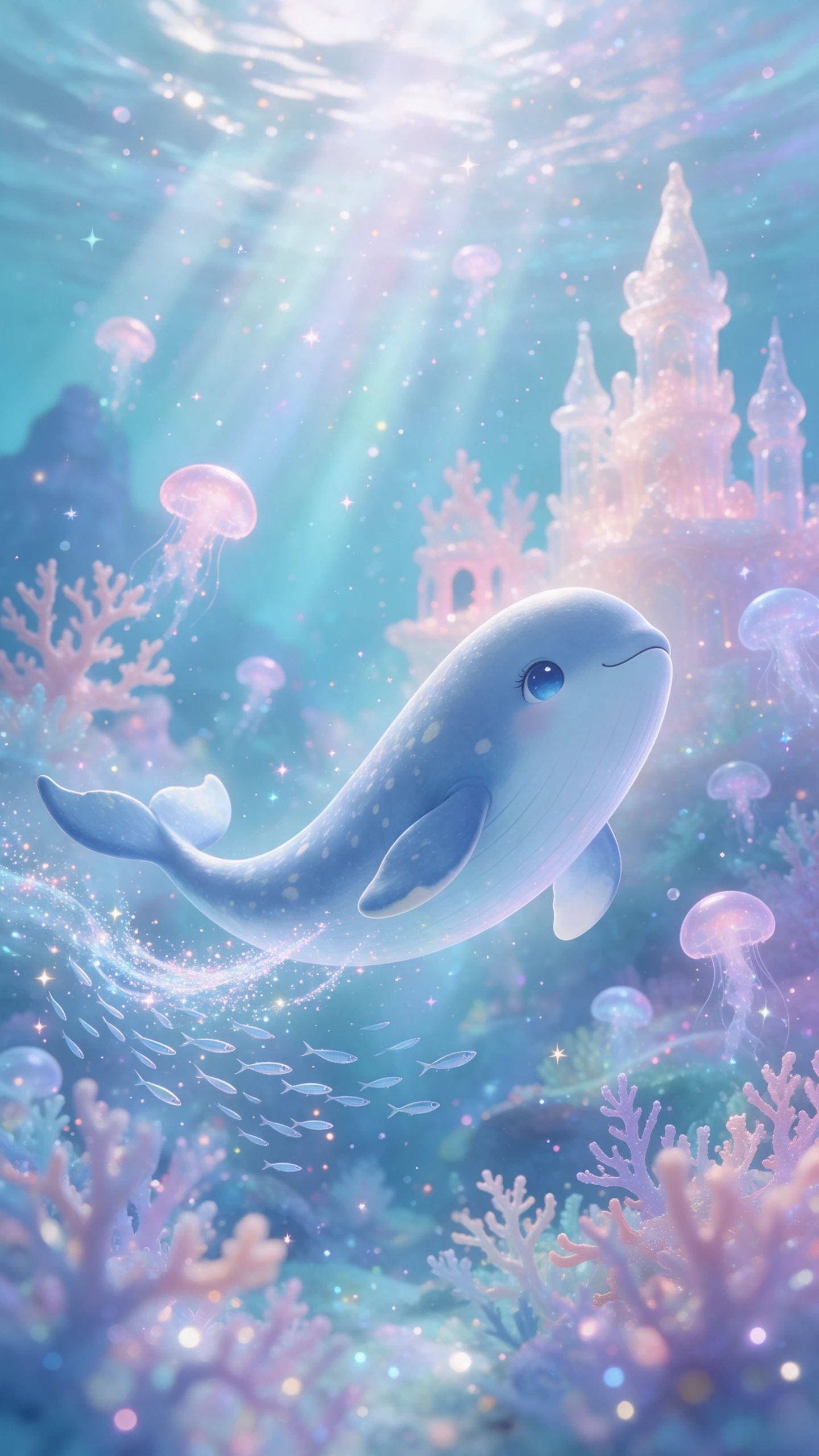 Baby whale swimming in a magical ocean