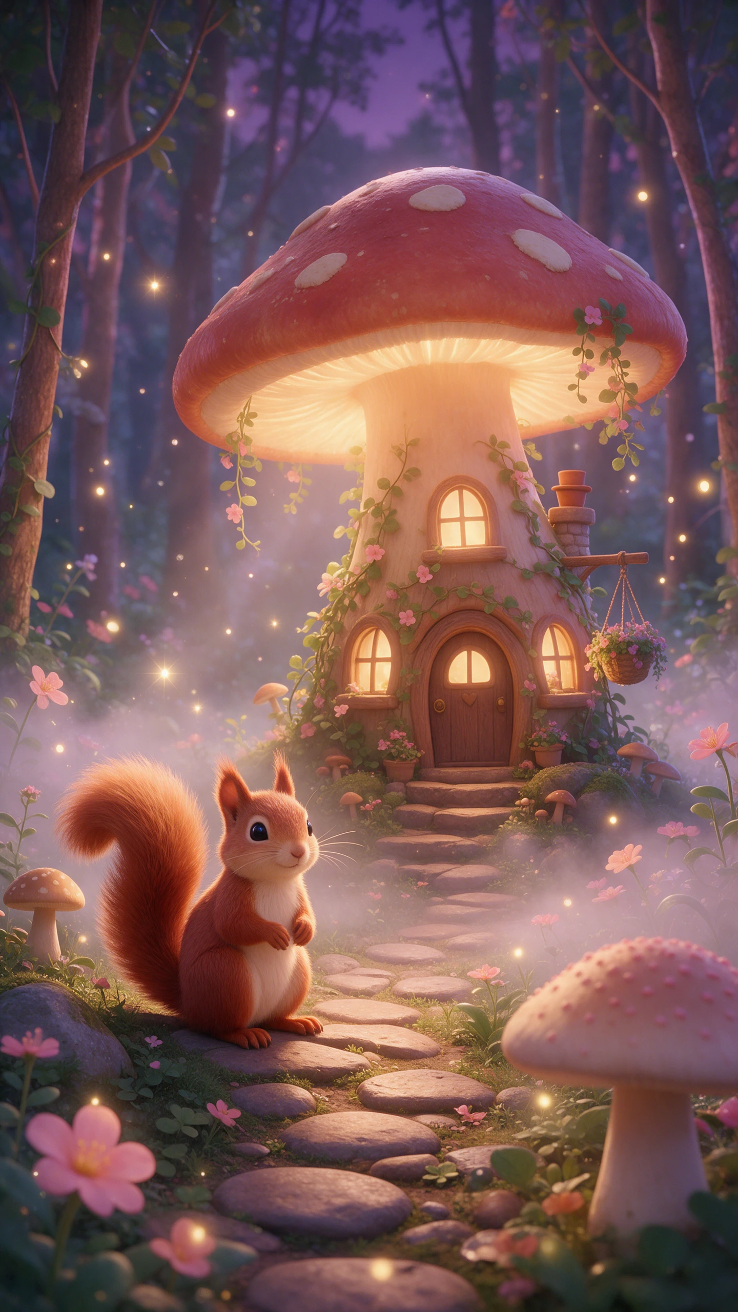 Red squirrel beside a magical mushroom cottage