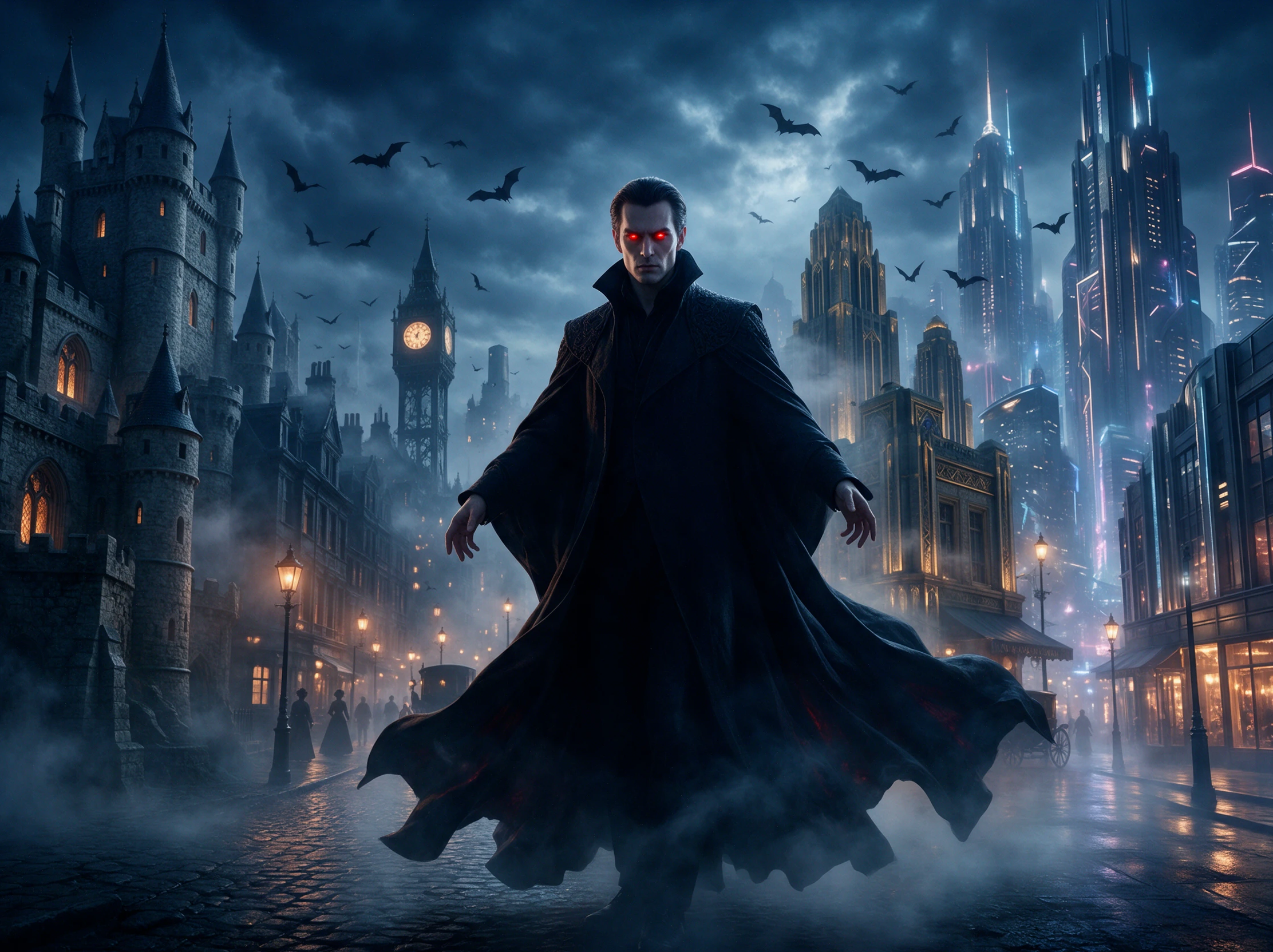 A consistent AI vampire character appearing across different eras