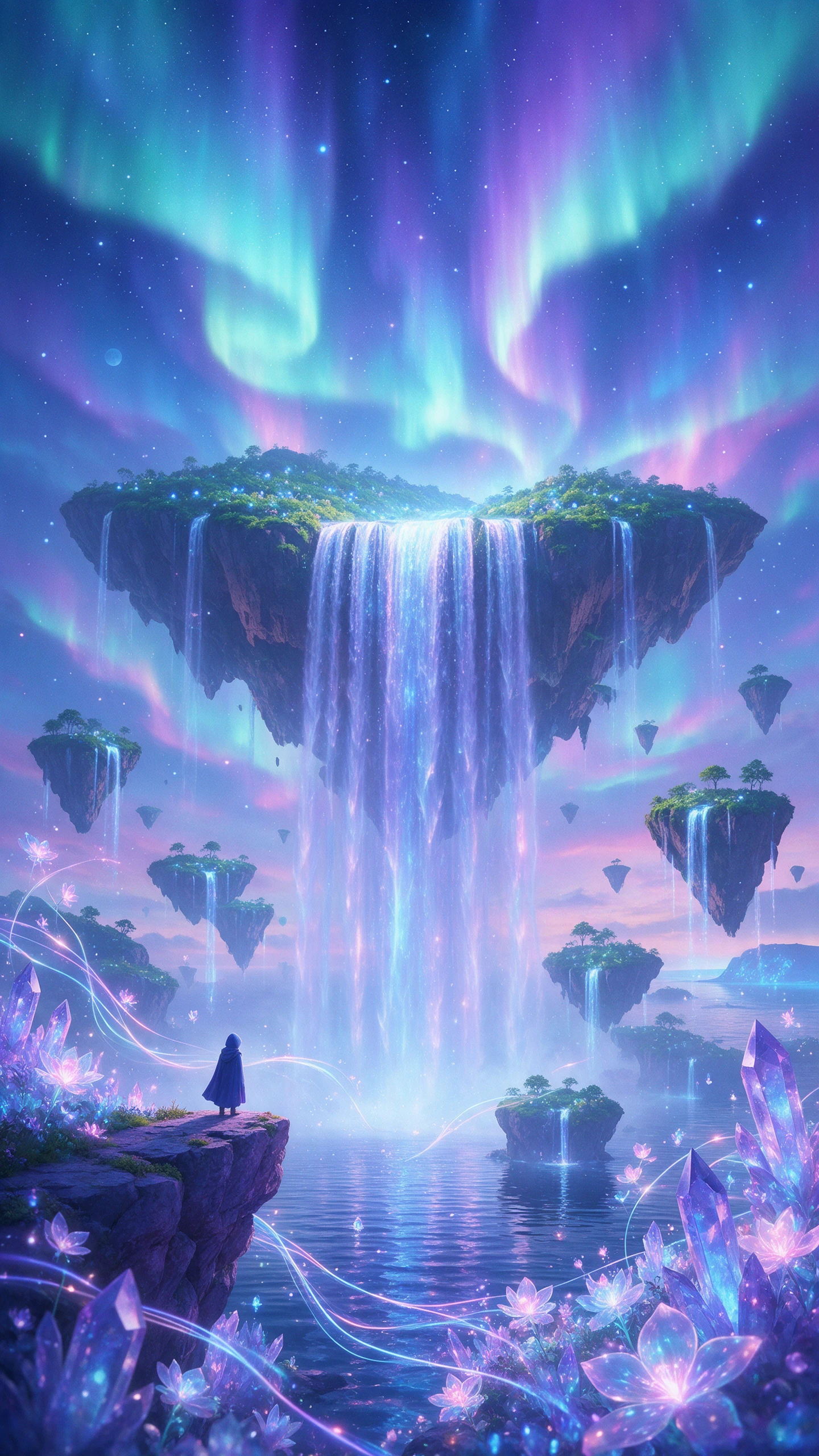 Ai video to video generator creating an aurora waterfall island